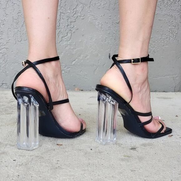 Women Black Square Toe Clear Block High Heel Sandals - Picture 3 of 4